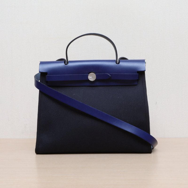 HERMES Herbag3189黑色拼73寶石藍帆布/Hunter牛皮Y刻銀扣肩背包-1