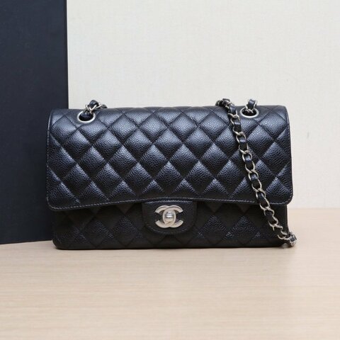 CHANEL CF口蓋包中號25.5黑色荔枝牛皮28開銀扣肩背包