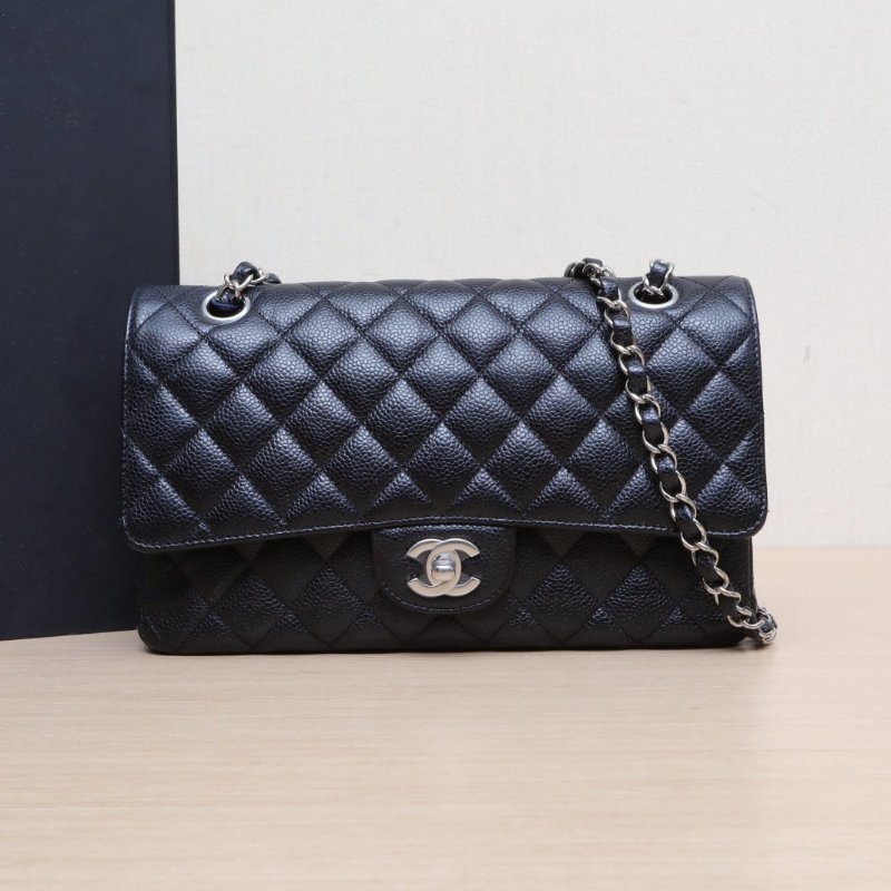 CHANEL CF口蓋包中號25.5黑色荔枝牛皮28開銀扣肩背包-0