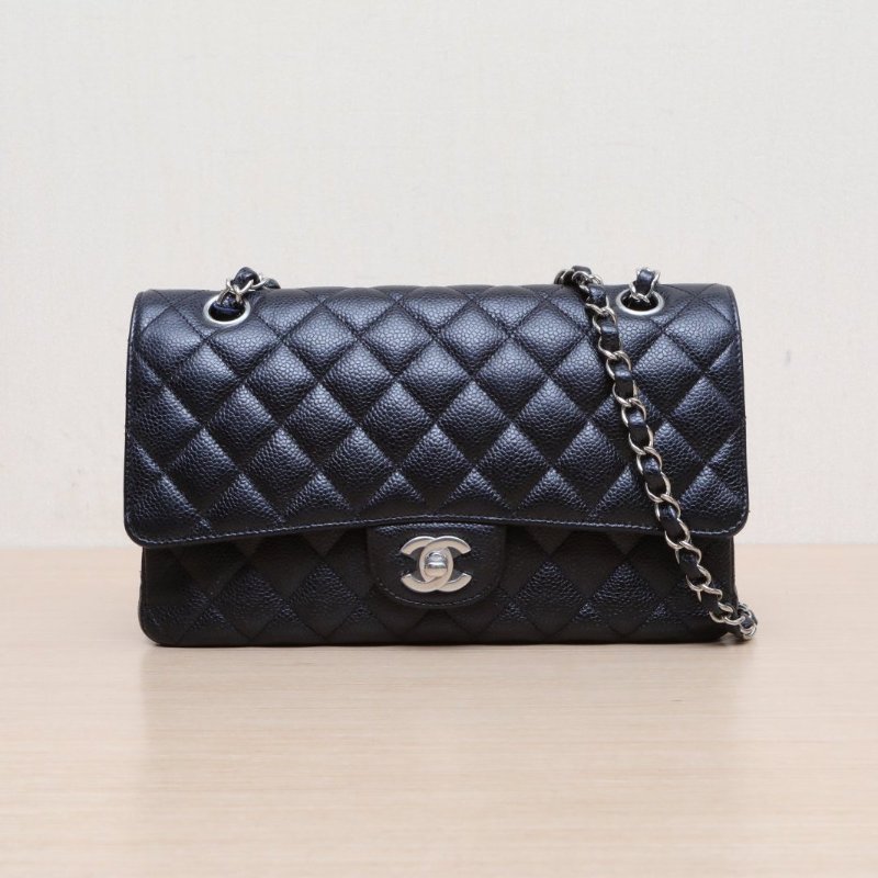 CHANEL CF口蓋包中號25.5黑色荔枝牛皮28開銀扣肩背包-1