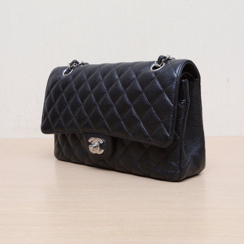 CHANEL CF口蓋包中號25.5黑色荔枝牛皮28開銀扣肩背包-3