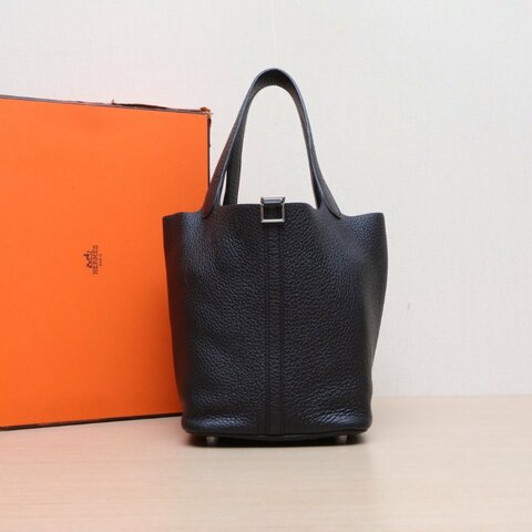 HERMES Picotin22菜籃子89黑色TC皮U刻銀扣肩背包