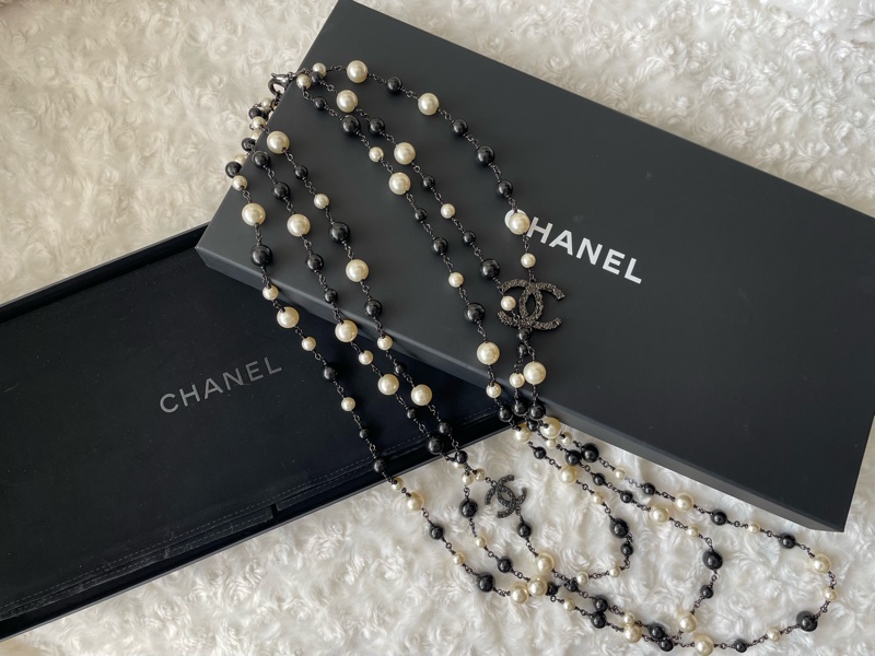 Chanel 黑白珍珠黑色雙C長項鍊-0