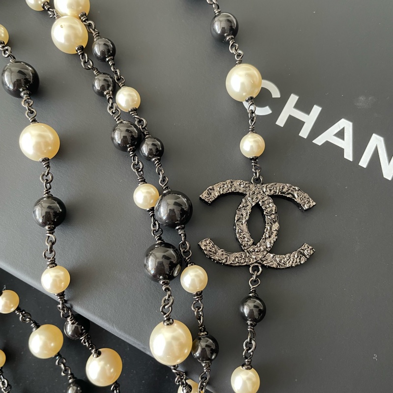 Chanel 黑白珍珠黑色雙C長項鍊-1