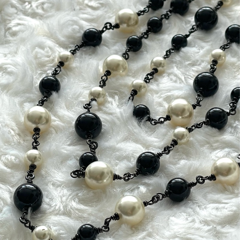 Chanel 黑白珍珠黑色雙C長項鍊-2