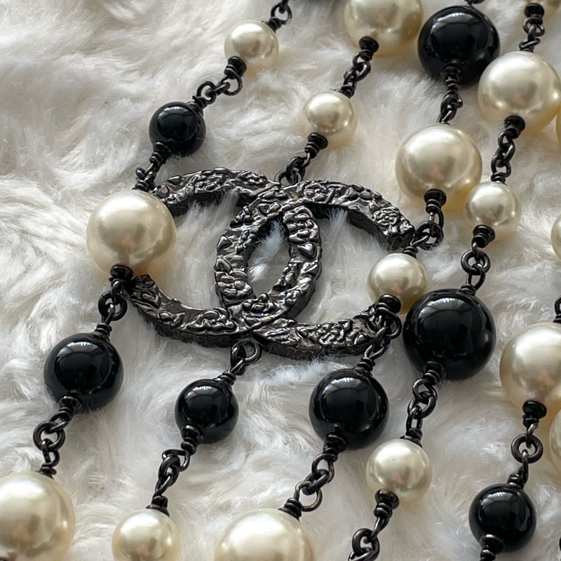 Chanel 黑白珍珠黑色雙C長項鍊-3
