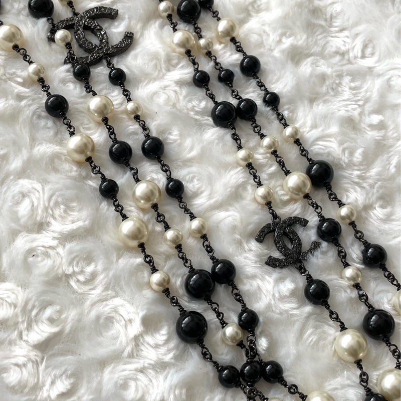 Chanel 黑白珍珠黑色雙C長項鍊-4