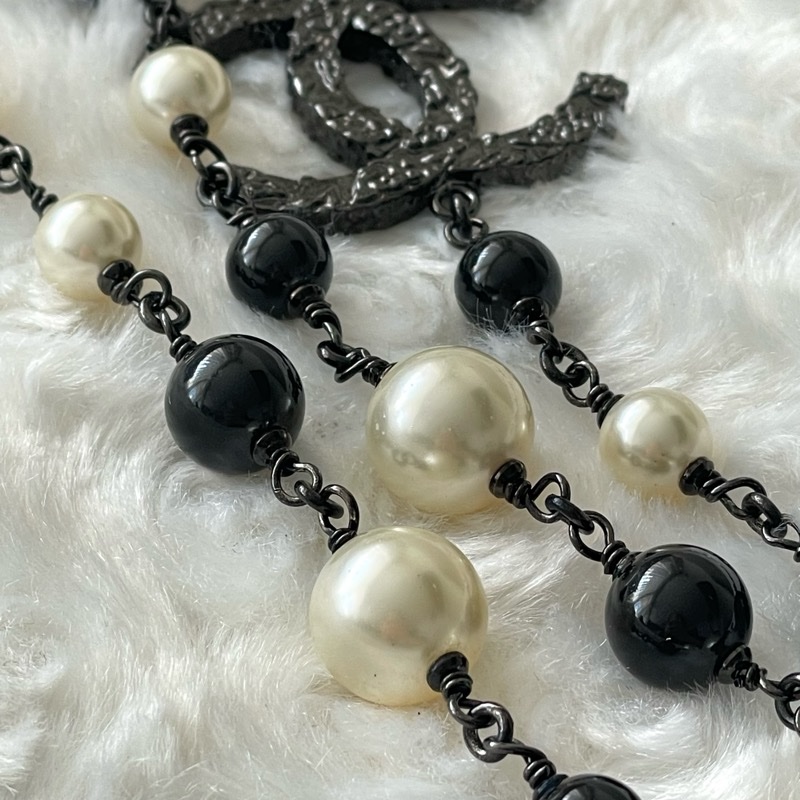 Chanel 黑白珍珠黑色雙C長項鍊-7