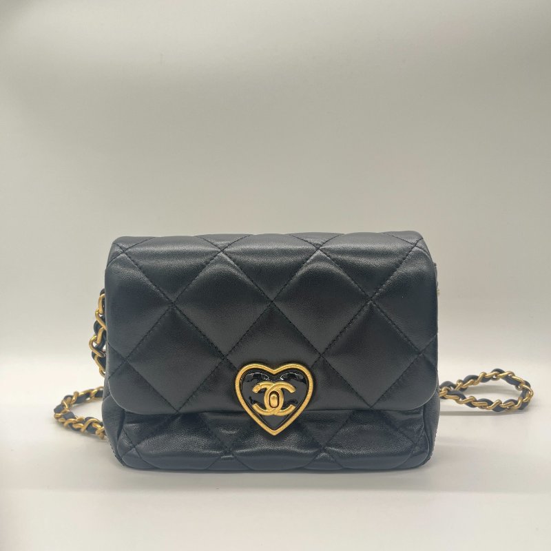 Chanel 香奈兒 Flap Bag 經典LOGO 愛心鎖扣 方胖子 黑色 小羊皮 斜背包 肩背包-2