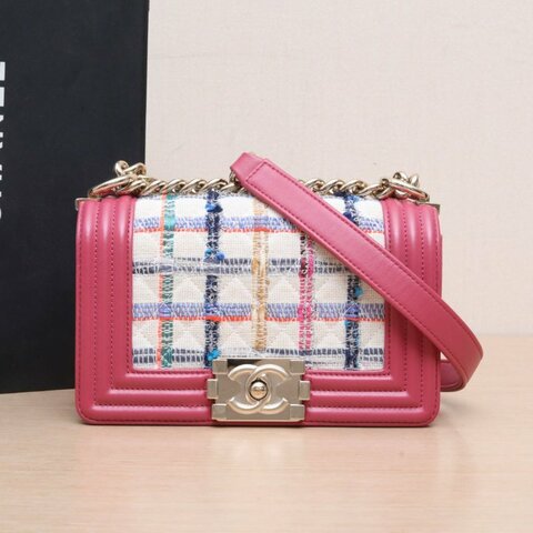 CHANEL Leboy小號20.5玫瑰紅毛呢26開淺金扣編織肩背包