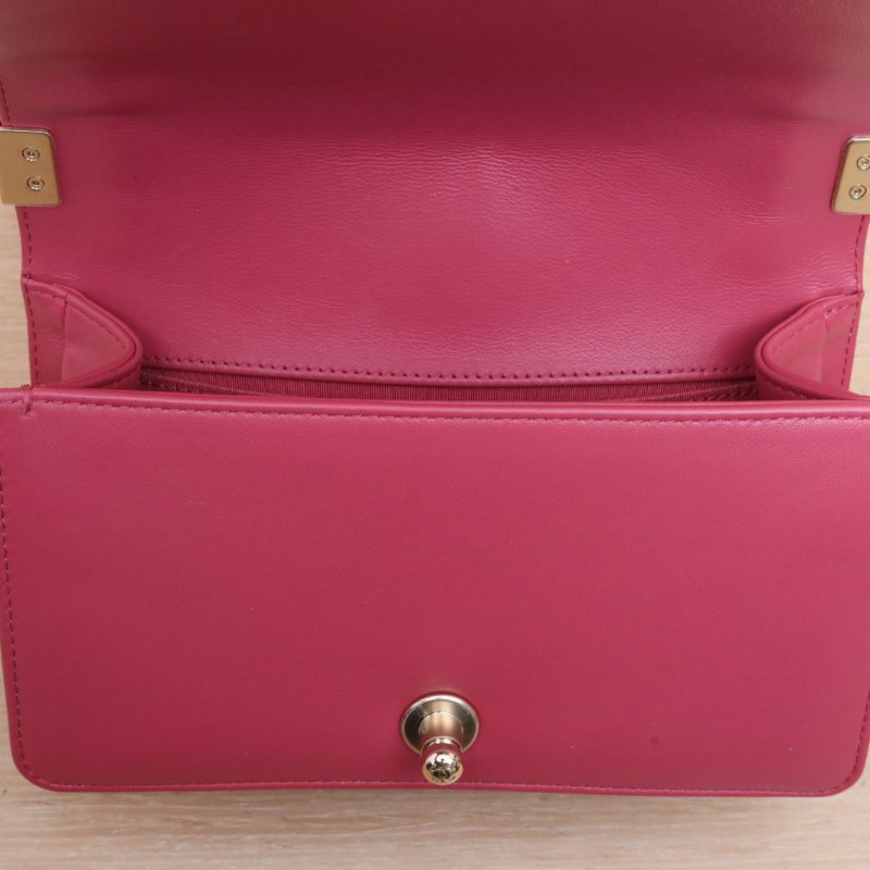 CHANEL Leboy小號20.5玫瑰紅毛呢26開淺金扣編織肩背包-2