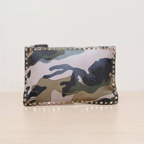 VALENTINO 拼色羊皮帆布迷彩手拿包/肩背包