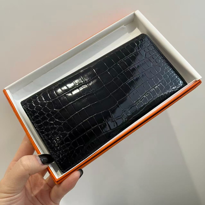 「JL精品代購」 愛馬仕黑色鱷魚皮osaka二折長錢包-0