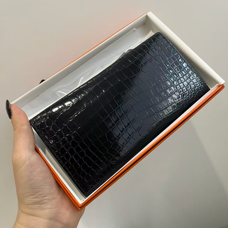 「JL精品代購」 愛馬仕黑色鱷魚皮osaka二折長錢包-1