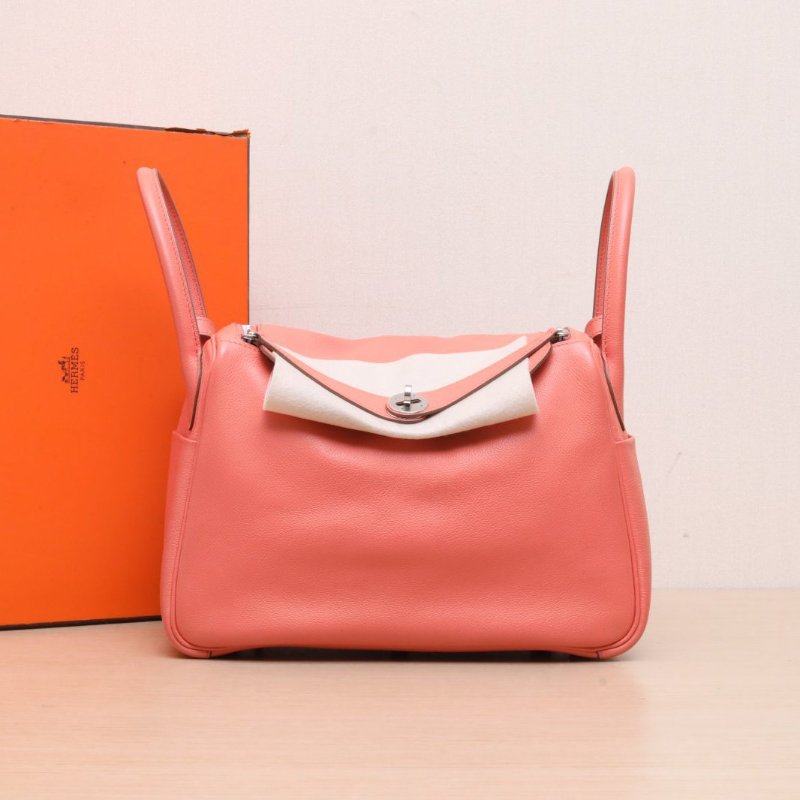 HERMES 3L玫瑰茶色EC皮框R銀扣Lindy30肩背包-0