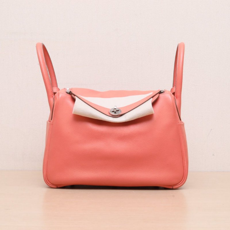 HERMES 3L玫瑰茶色EC皮框R銀扣Lindy30肩背包-1