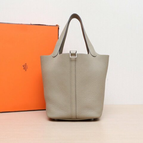 HERMES Picotin22菜籃子8Q馬爾法米色TC皮W刻銀扣肩背包