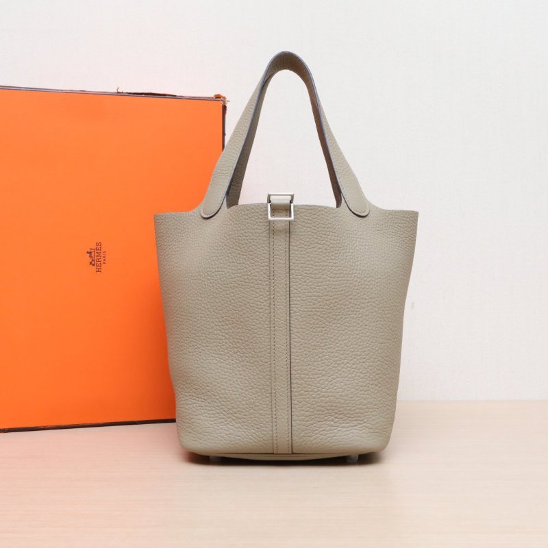 HERMES Picotin22菜籃子8Q馬爾法米色TC皮W刻銀扣肩背包-0