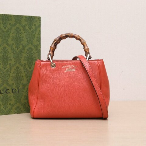 GUCCI 橘紅牛皮金扣竹節包肩背包