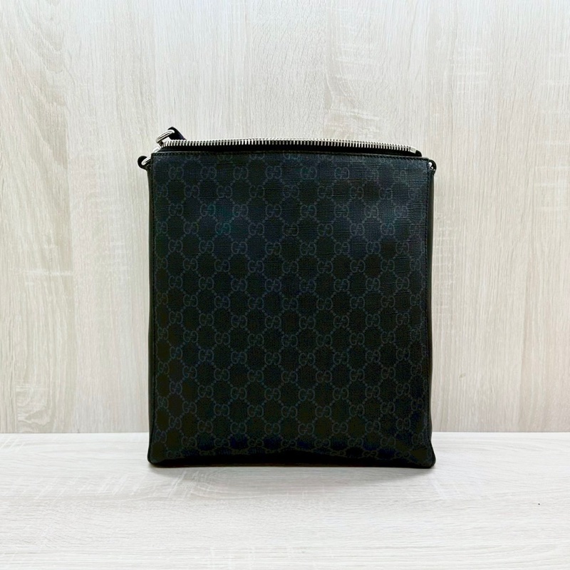 GUCCI黑灰色老花拚藍紅藍背帶側背包474137-1