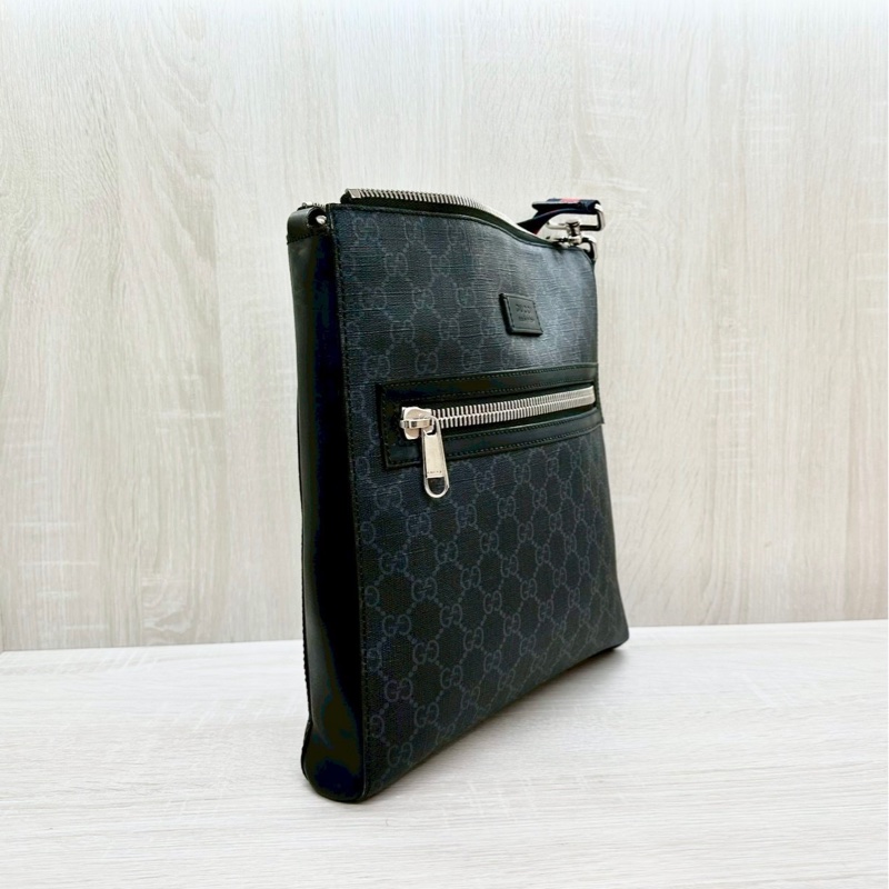 GUCCI黑灰色老花拚藍紅藍背帶側背包474137-4