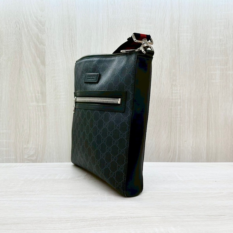 GUCCI黑灰色老花拚藍紅藍背帶側背包474137-5