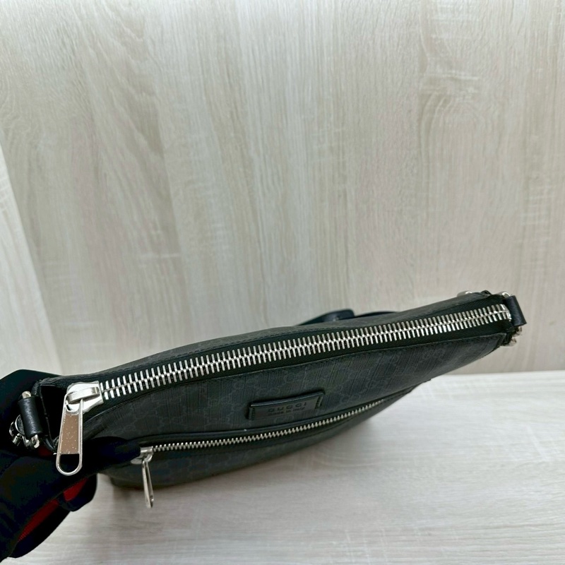 GUCCI黑灰色老花拚藍紅藍背帶側背包474137-6