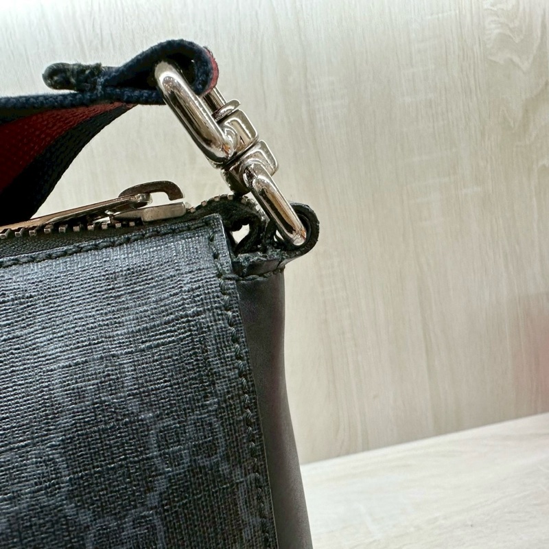 GUCCI黑灰色老花拚藍紅藍背帶側背包474137-9