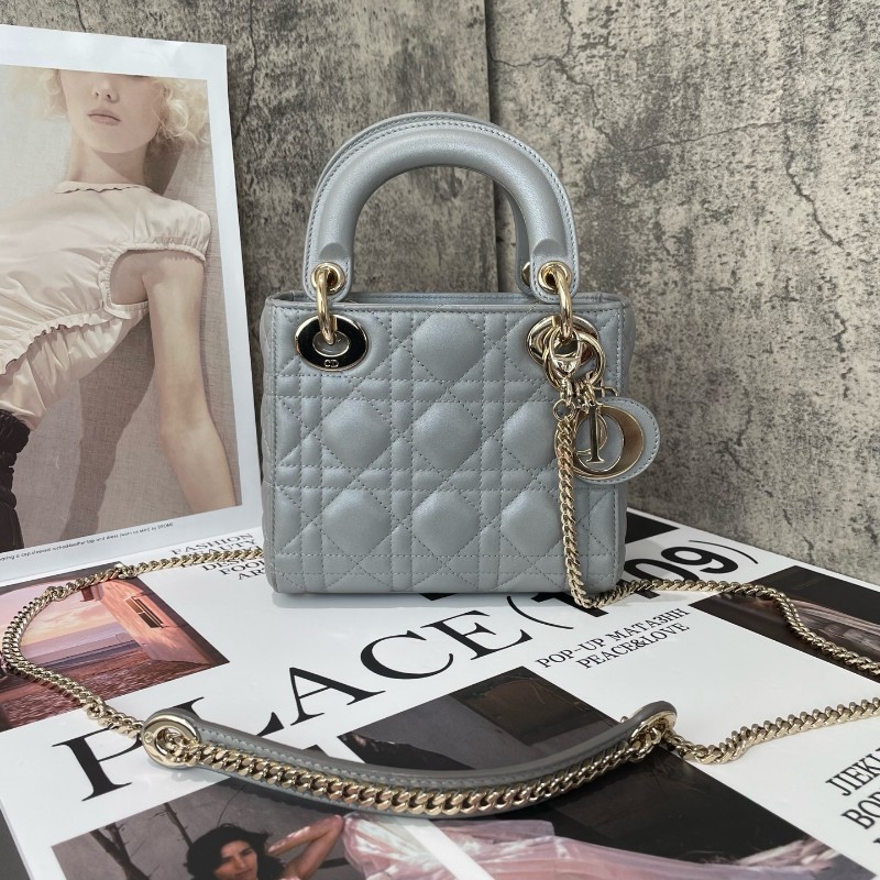 Dior lady dior 三格戴妃珠光灰色肩背包手提包-0