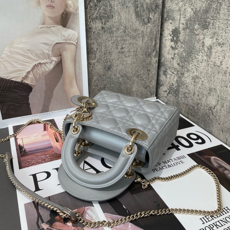 Dior lady dior 三格戴妃珠光灰色肩背包手提包-2