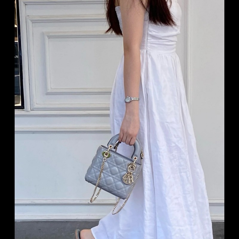 Dior lady dior 三格戴妃珠光灰色肩背包手提包-5