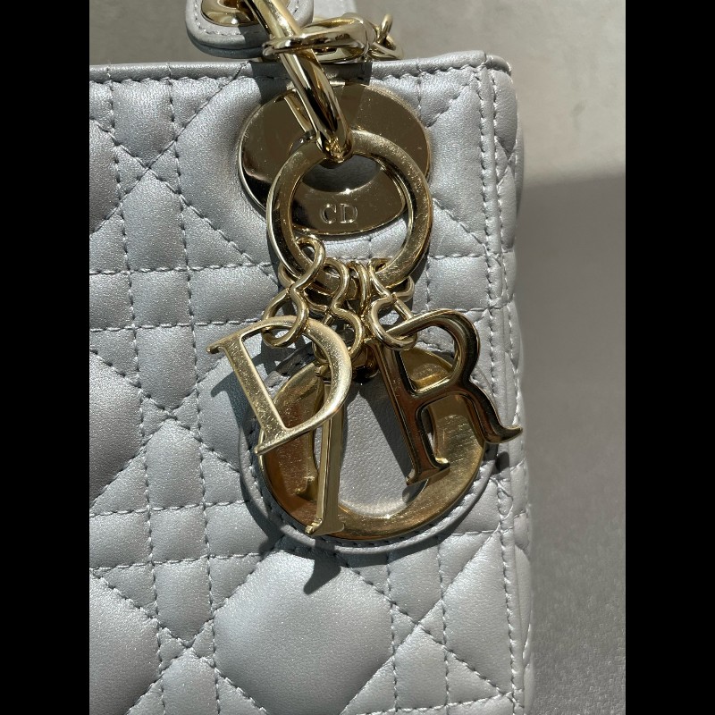 Dior lady dior 三格戴妃珠光灰色肩背包手提包-8
