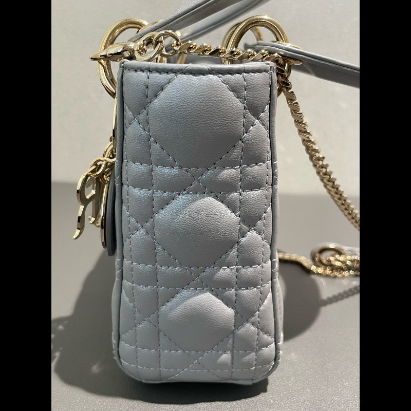 Dior lady dior 三格戴妃珠光灰色肩背包手提包-9