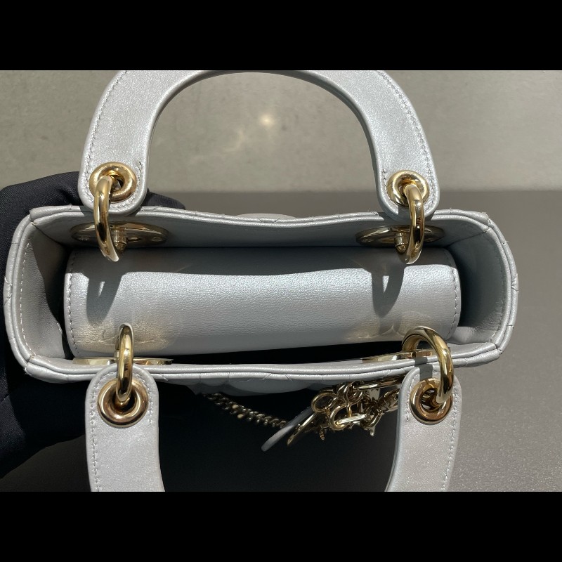 Dior lady dior 三格戴妃珠光灰色肩背包手提包-12