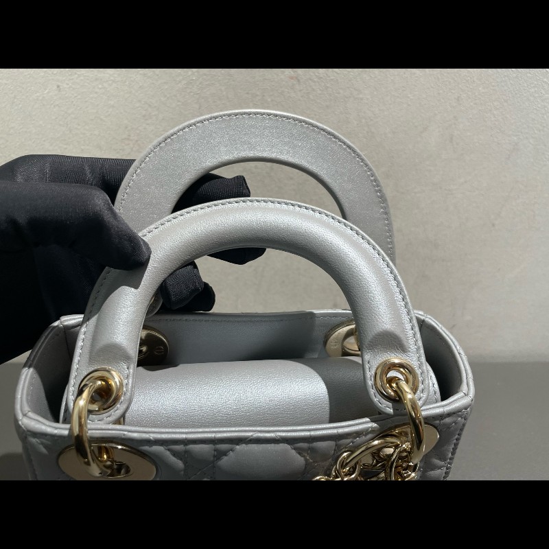 Dior lady dior 三格戴妃珠光灰色肩背包手提包-24