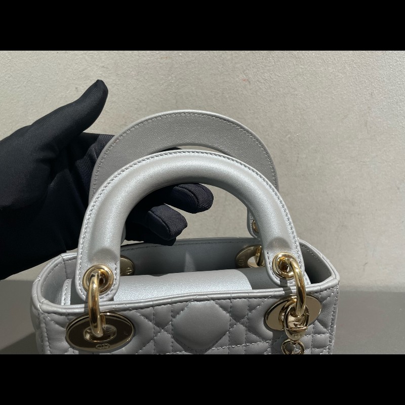 Dior lady dior 三格戴妃珠光灰色肩背包手提包-25