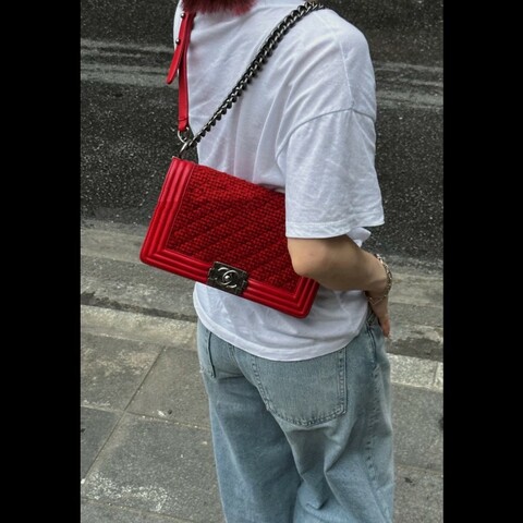 Chanel leboy 小號 紅色拼毛呢鏈條包