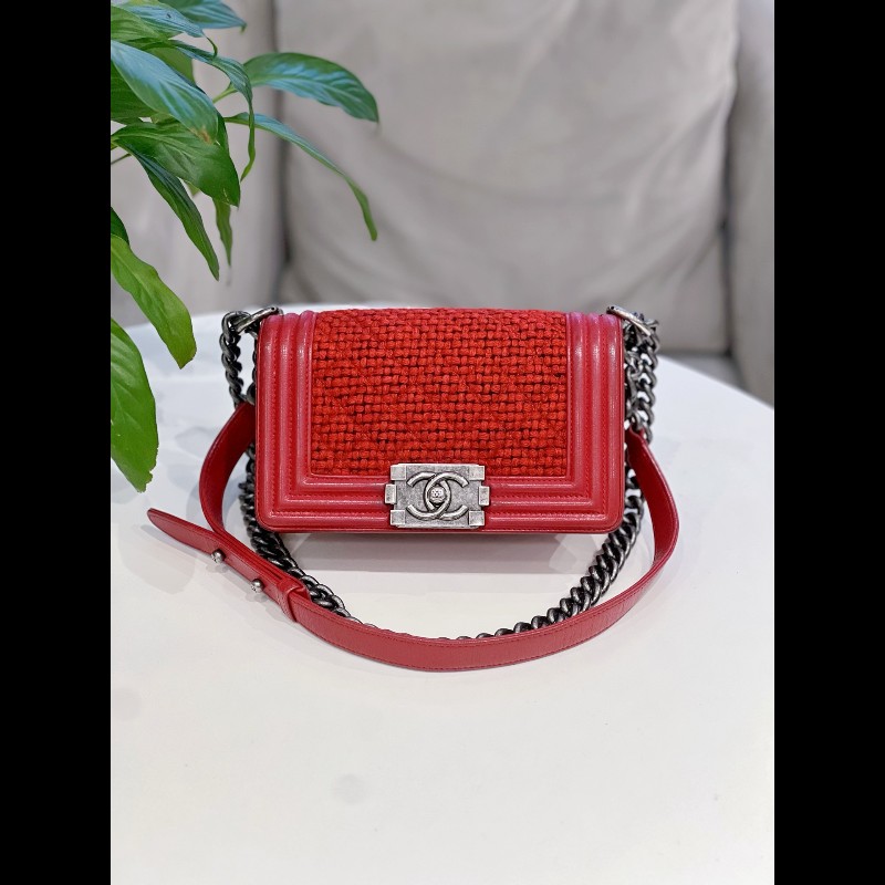 Chanel leboy 小號 紅色拼毛呢鏈條包-2