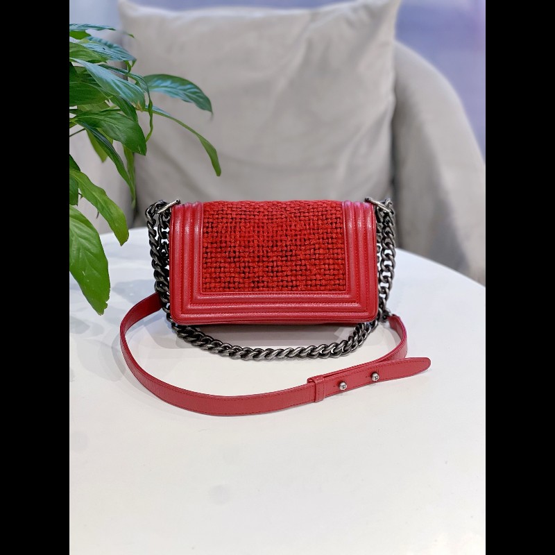Chanel leboy 小號 紅色拼毛呢鏈條包-3