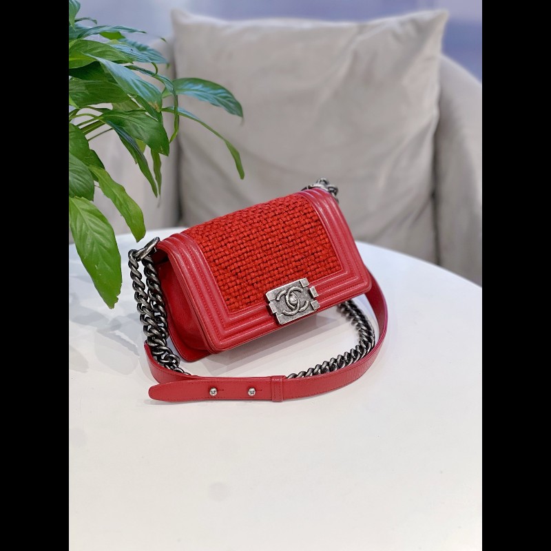 Chanel leboy 小號 紅色拼毛呢鏈條包-4