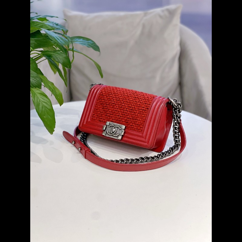 Chanel leboy 小號 紅色拼毛呢鏈條包-5