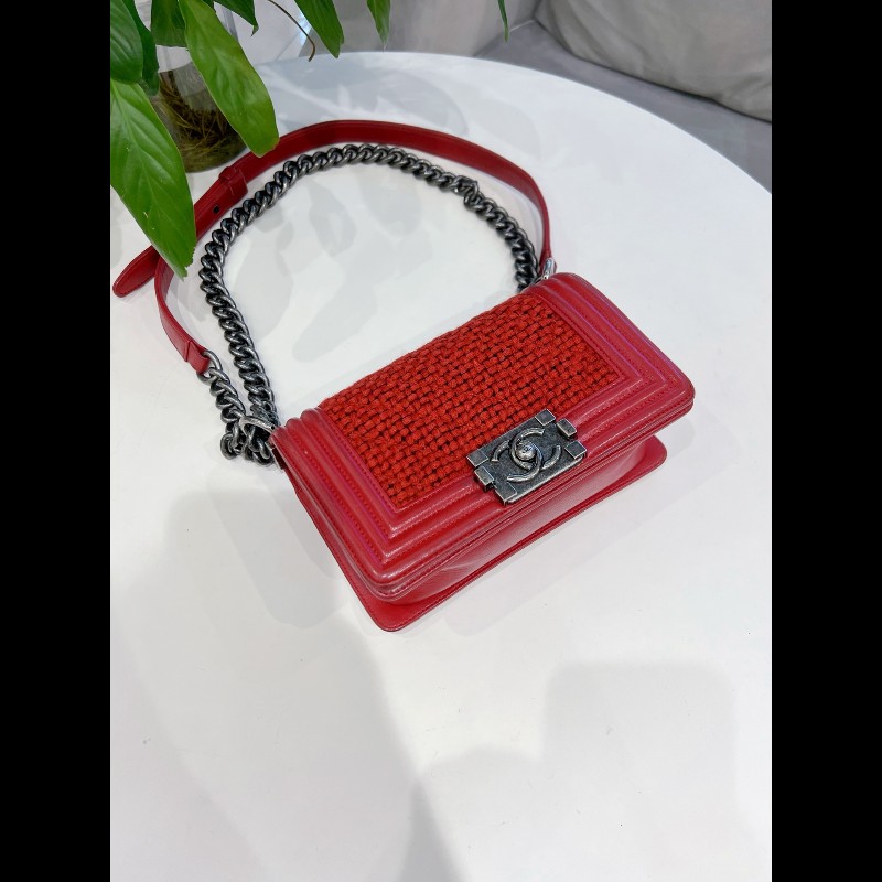 Chanel leboy 小號 紅色拼毛呢鏈條包-6