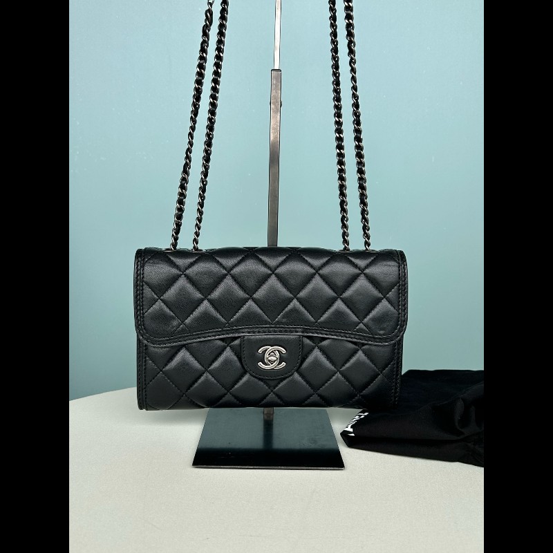 Chanel 黑銀羊皮woc信封肩背包斜背包-0