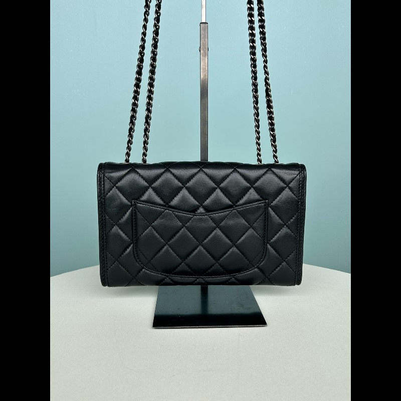 Chanel 黑銀羊皮woc信封肩背包斜背包-1