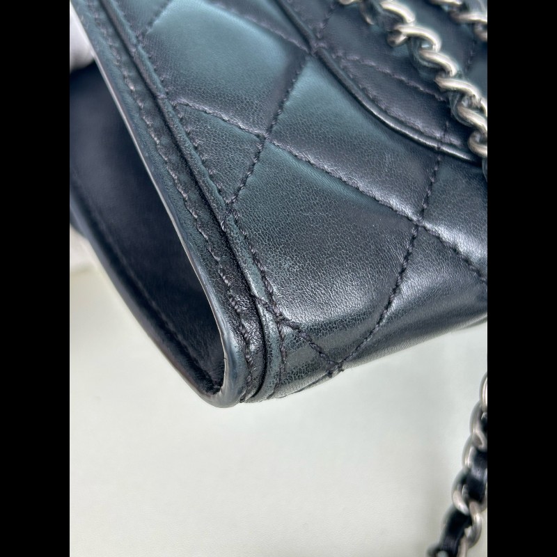 Chanel 黑銀羊皮woc信封肩背包斜背包-10