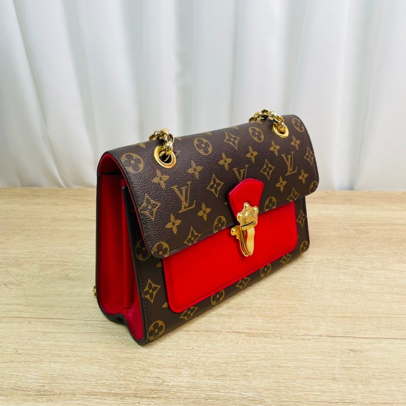 LV victoire維多利亞老花拼紅色鏈條包-1
