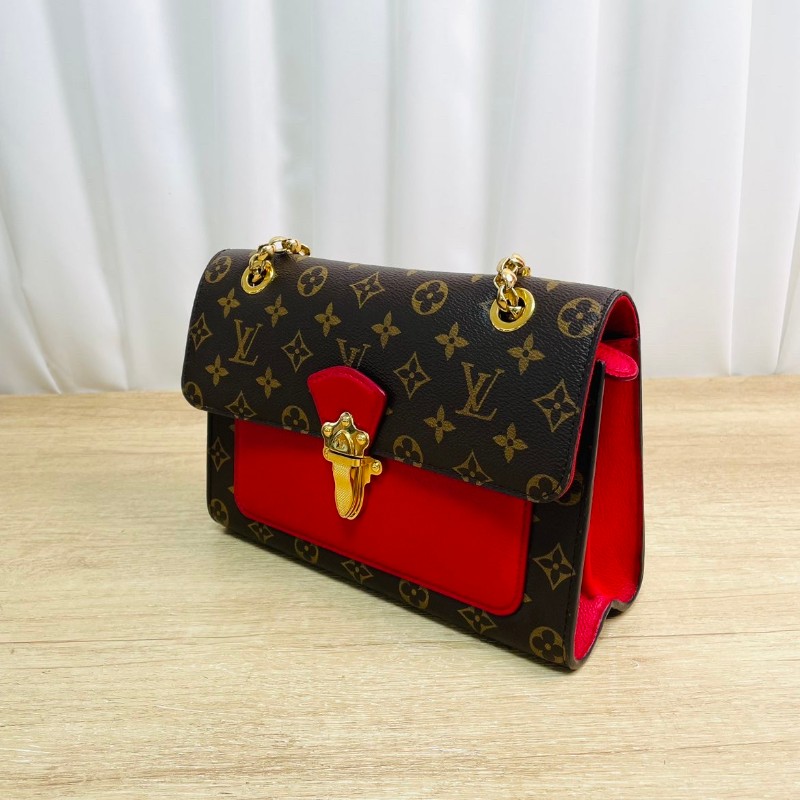 LV victoire維多利亞老花拼紅色鏈條包-5