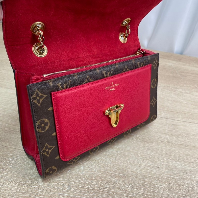 LV victoire維多利亞老花拼紅色鏈條包-6