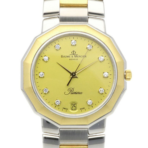名士 (Baume & Mercier) Riviera 系列腕錶，不鏽鋼材質，型號 5131，石英機芯，男士款，經重新拋光，鑲嵌 11 顆鑽石。