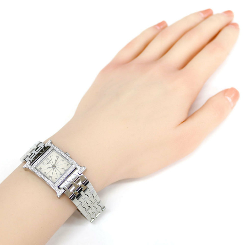 愛馬仕H系列腕錶,不鏽鋼錶殼,型號HH1.230,石英機芯,經重新拋光,女士錶圈鑲嵌鑽石。-1